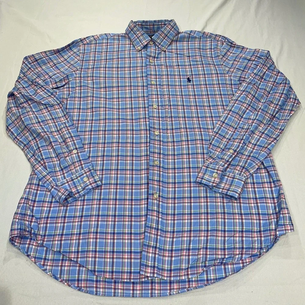 Ralph Lauren Mens Plaid Button Down Shirt Blue Pink Cotton Long Sleeve Large